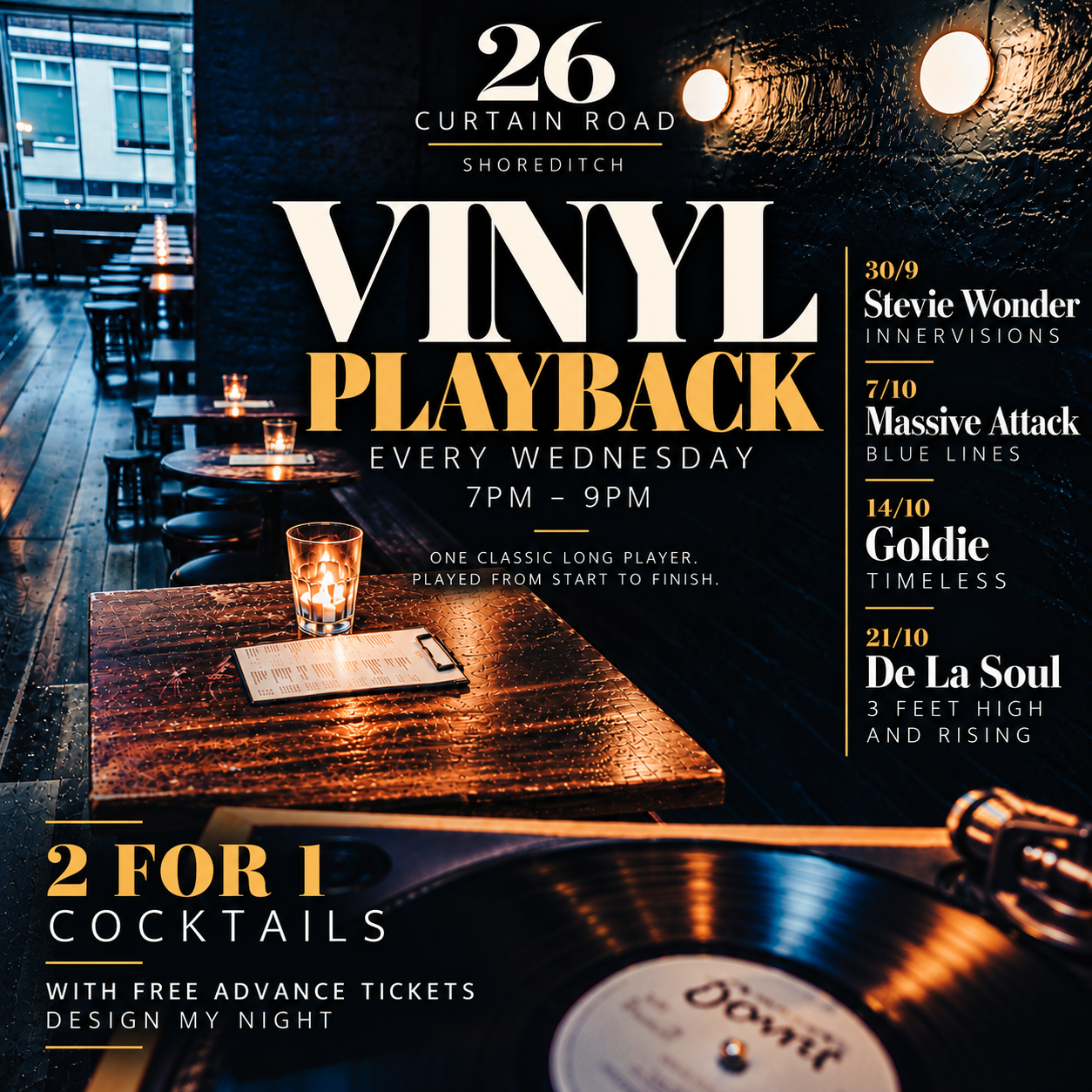Weds Vinyl LP playback & cocktail sessions-Goldie- Timeless